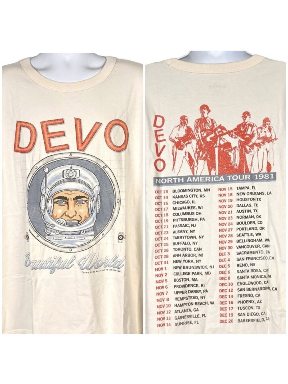 Devo 1981 Tour Retro Tribute Mens Lee T-Shirt size 2XL 54x29 Beautiful World NWT